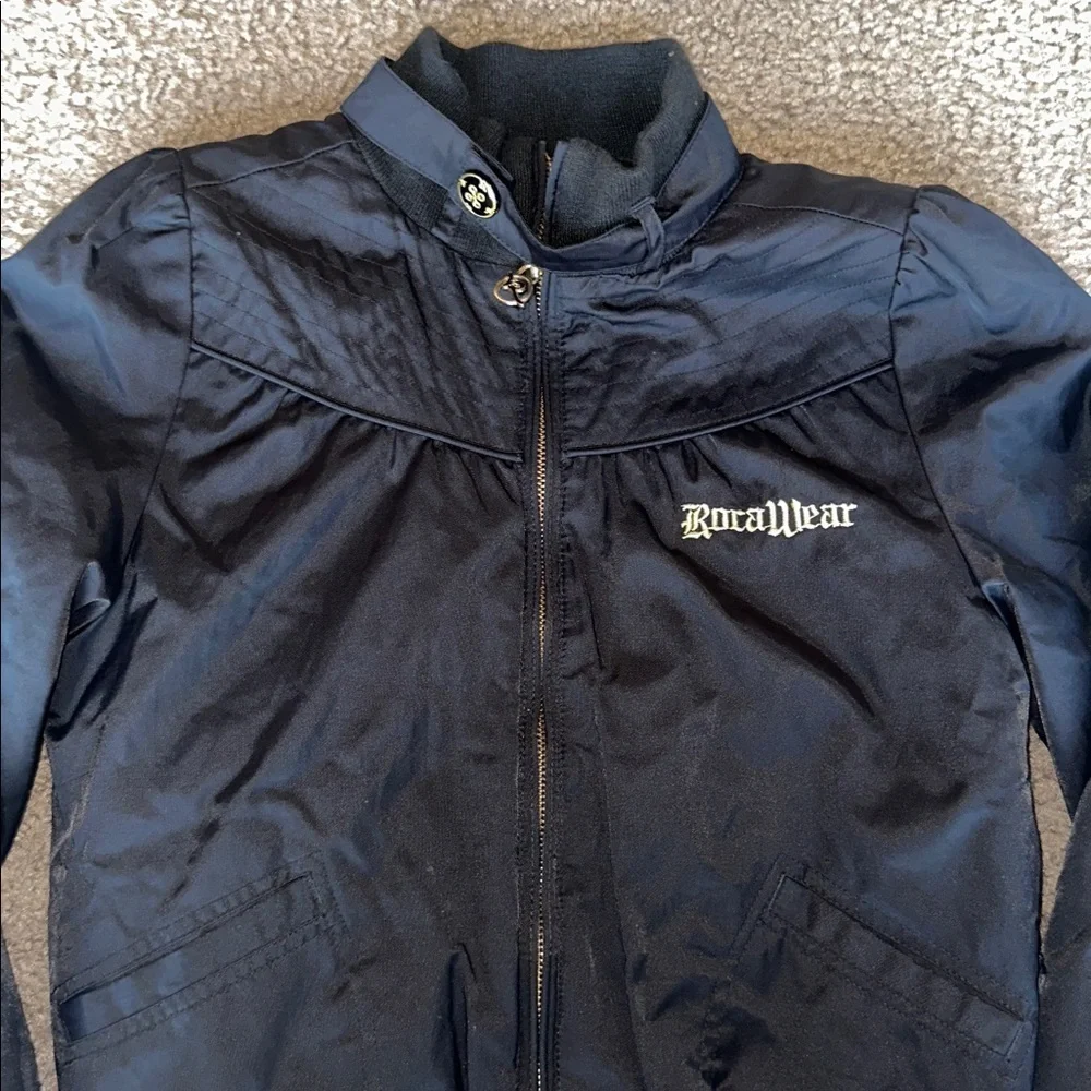 Rocawear Kids Black Puffer Jacket with Gold, Purple and White Stripes
